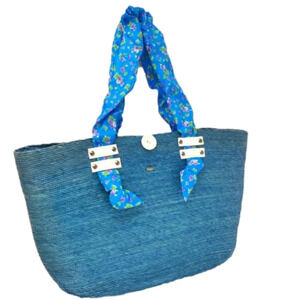 Large straw Tote Bag in Shades of Blue & Purple w Floral Scarf Handles by Babani